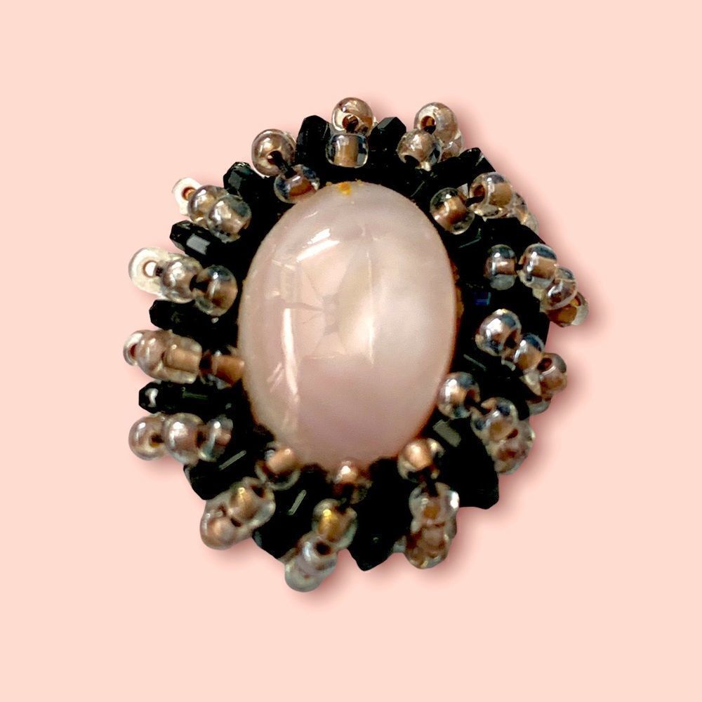 Hand beaded rose quartz w/ black crystal glass earrings pierced artist made